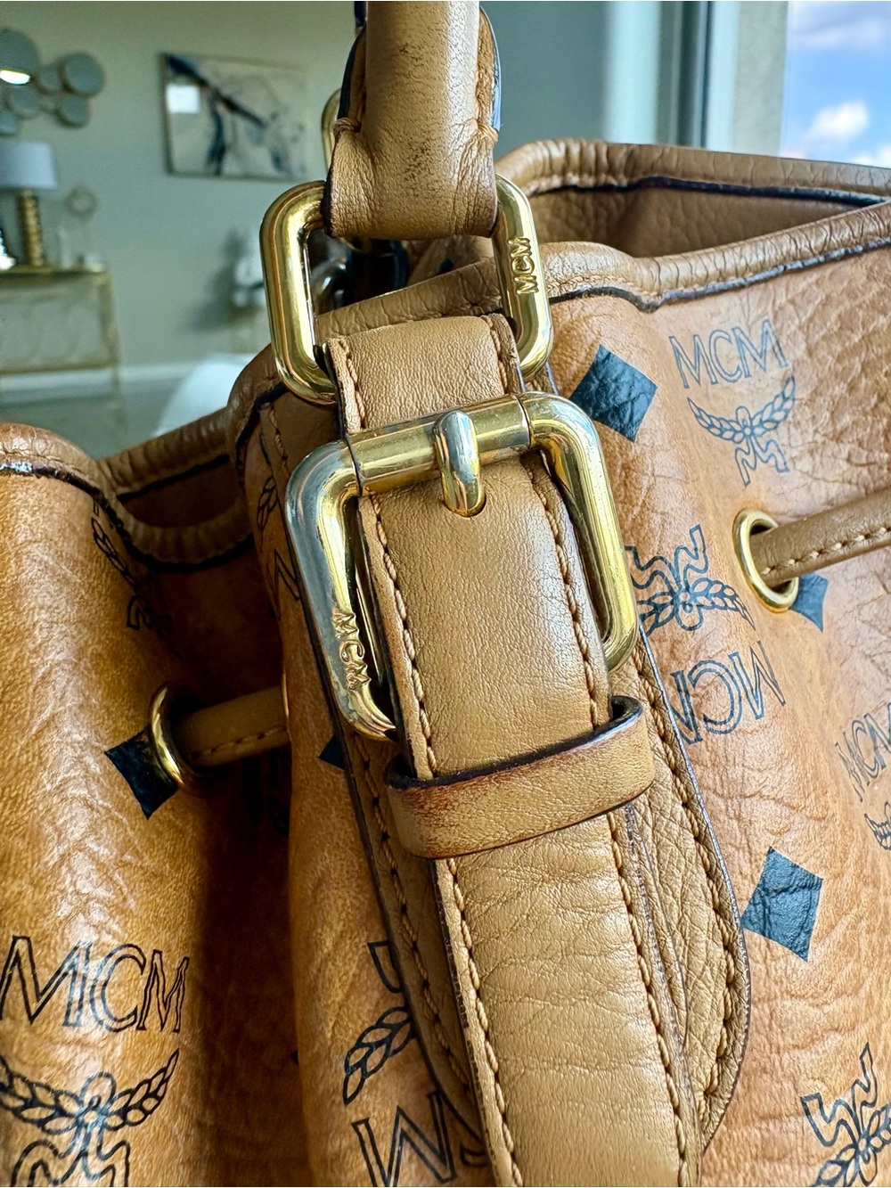 Gorgeous MCM Cognac Visetos Drawstring Shoulder Leather Bag with Gold Hardware - Picture 10 of 13